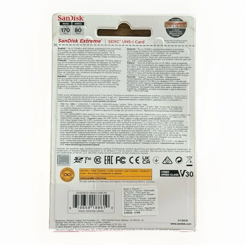 SanDisk 64GB Extreme SDXC 170MB/S U3 V30 4K SD Class 10 Memory Card SDSDXV2-064G